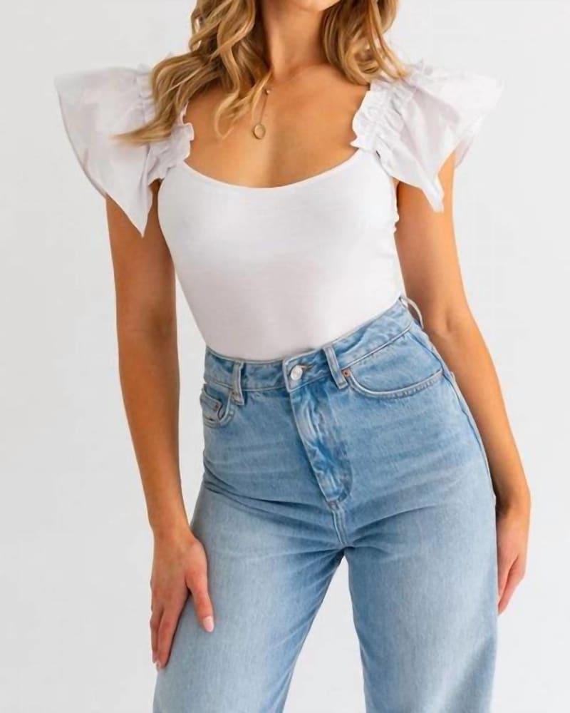 Front of a model wearing a size L Sweet Sleeve Bodysuit in White in White by LE LIS. | dia_product_style_image_id:346989